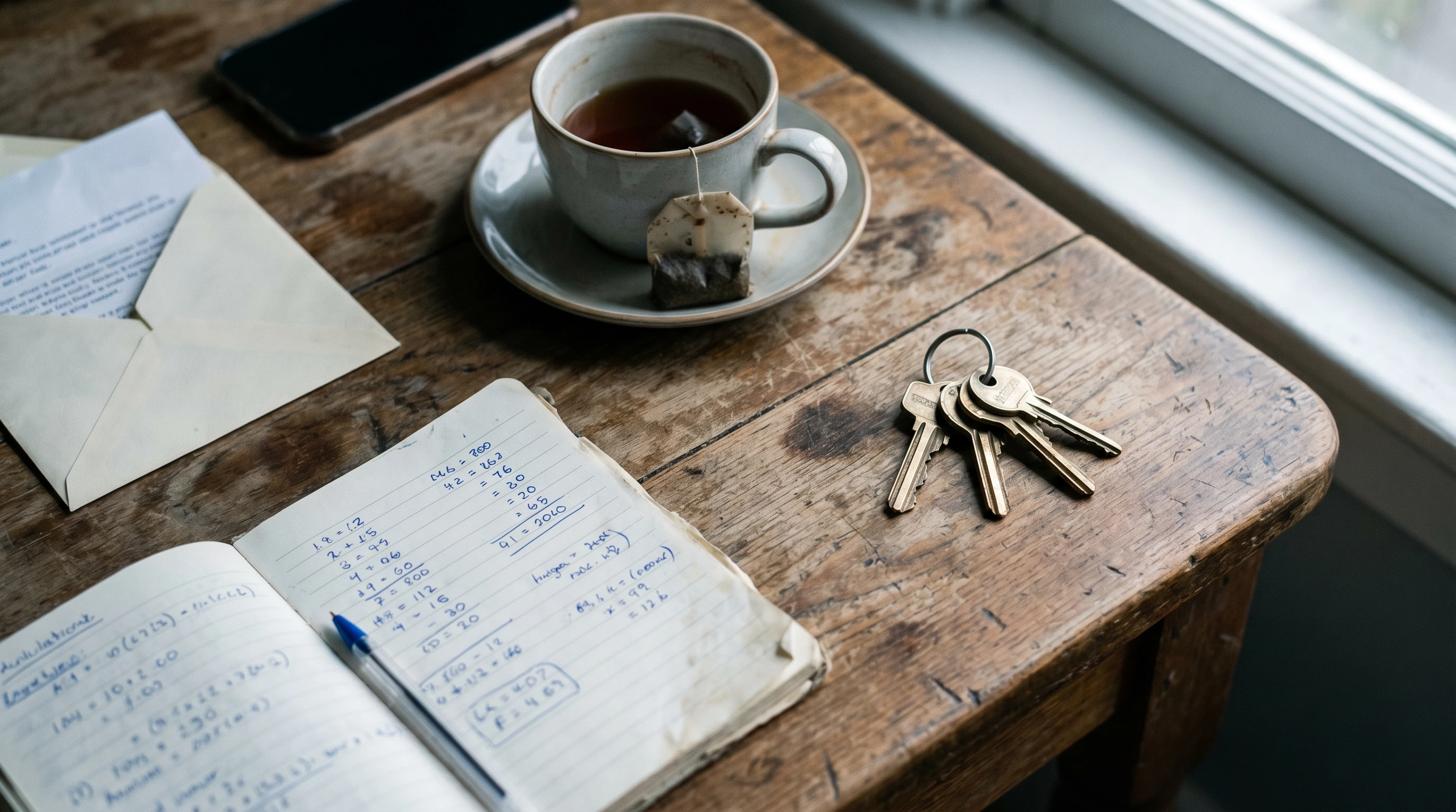 House keys on a wooden table beside a cup of tea and a notebook of mortgage affordability calculations