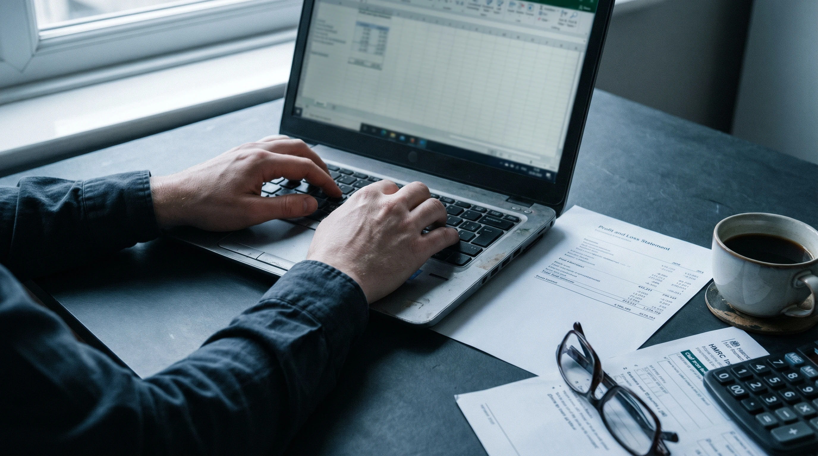 Close-up of hands typing on a laptop next to a profit and loss statement, HMRC paperwork and a calculator