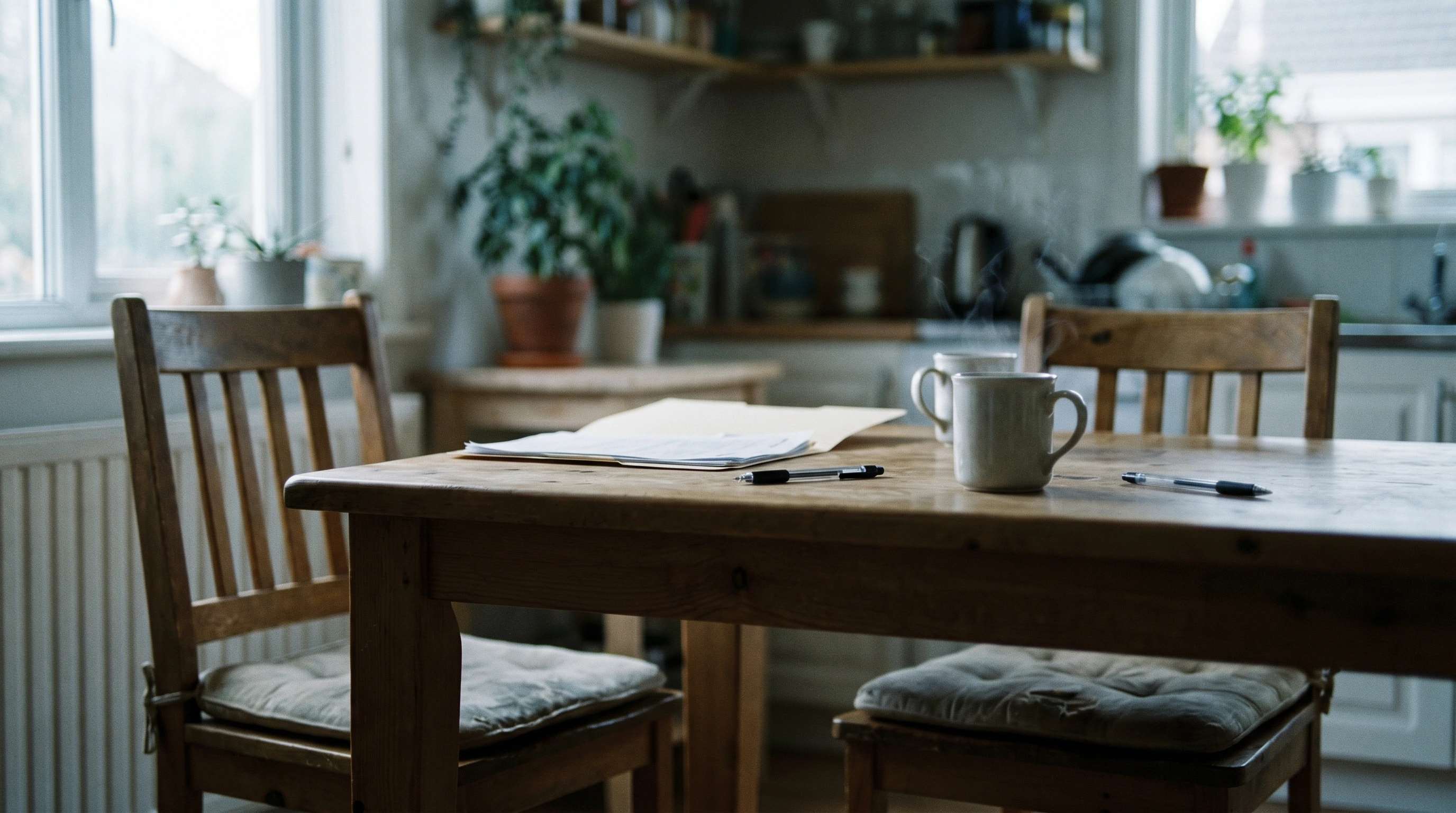 Two mugs of tea set out on a kitchen table alongside papers and pens, ready for a conversation