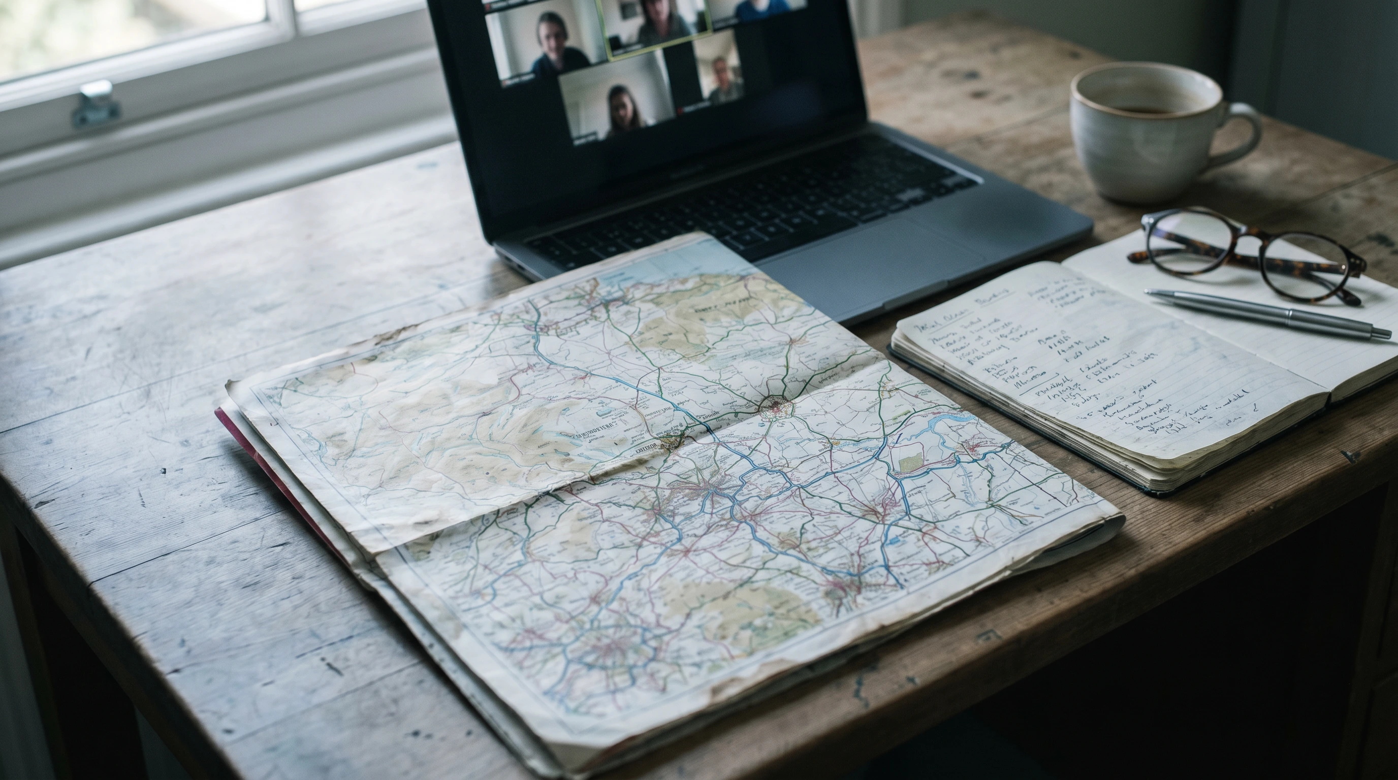 Laptop video call with colleagues, next to an Ordnance Survey map and a handwritten notebook
